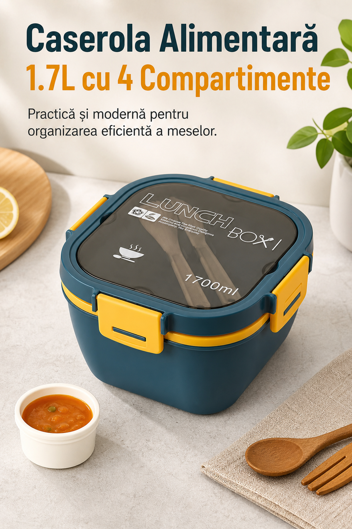 Casetă Alimentară 1,7L cu 4 Compartimente — Fără BPA și Practică 🍱✨ Imagine secundară a produsului