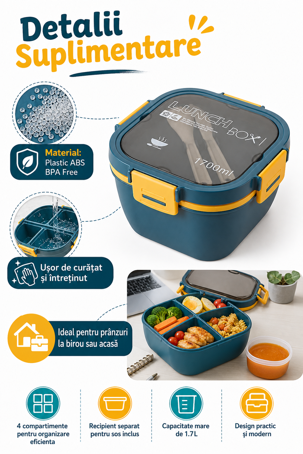 Caserola Alimentară 1.7L cu 4 Compartimente — BPA Free și Practică 🍱✨