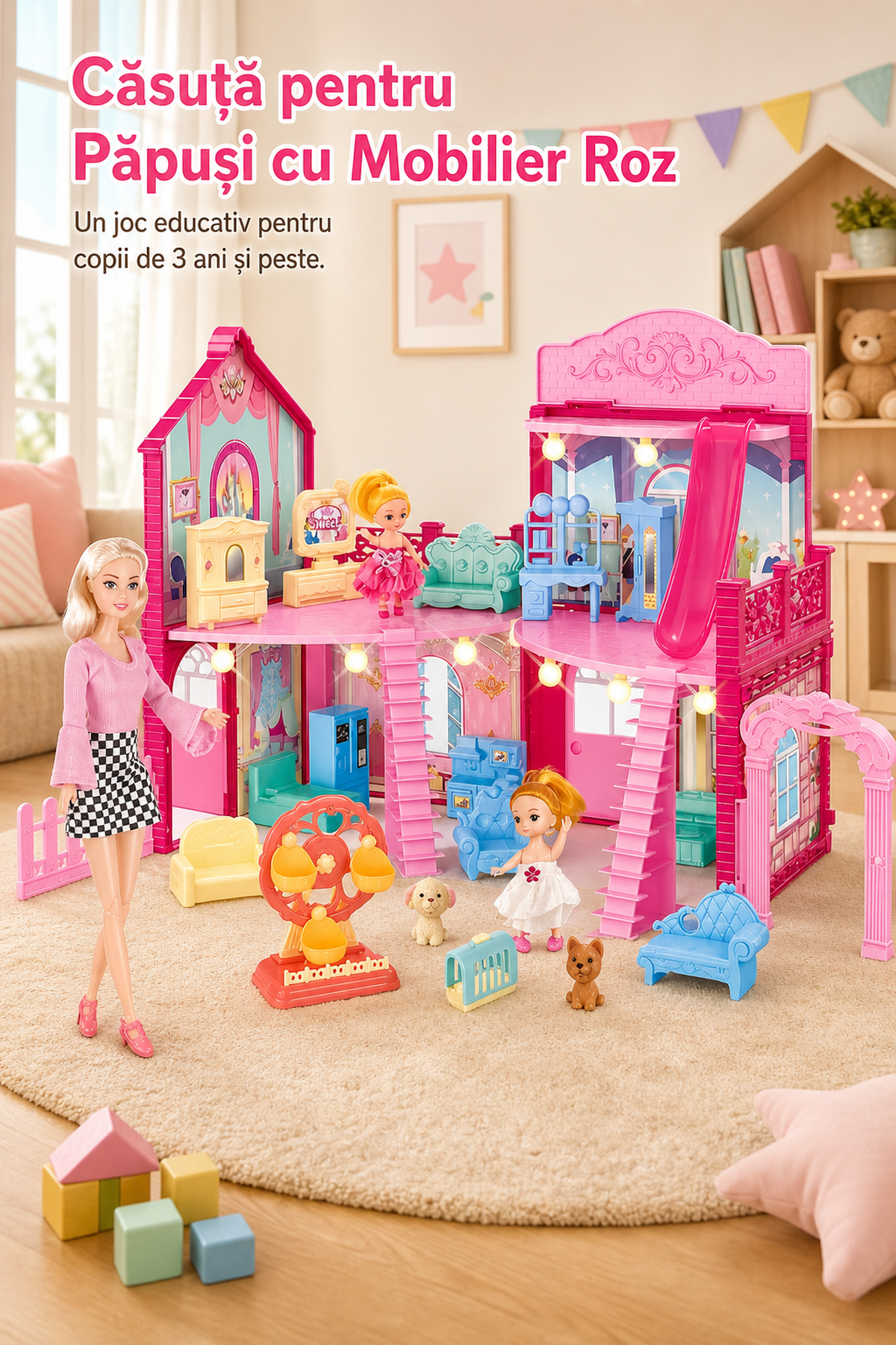 Căsuță pentru Păpuși cu Mobilier Roz — Joc Educativ pentru Copii 3+ 🎀🏠 Imagine secundară a produsului