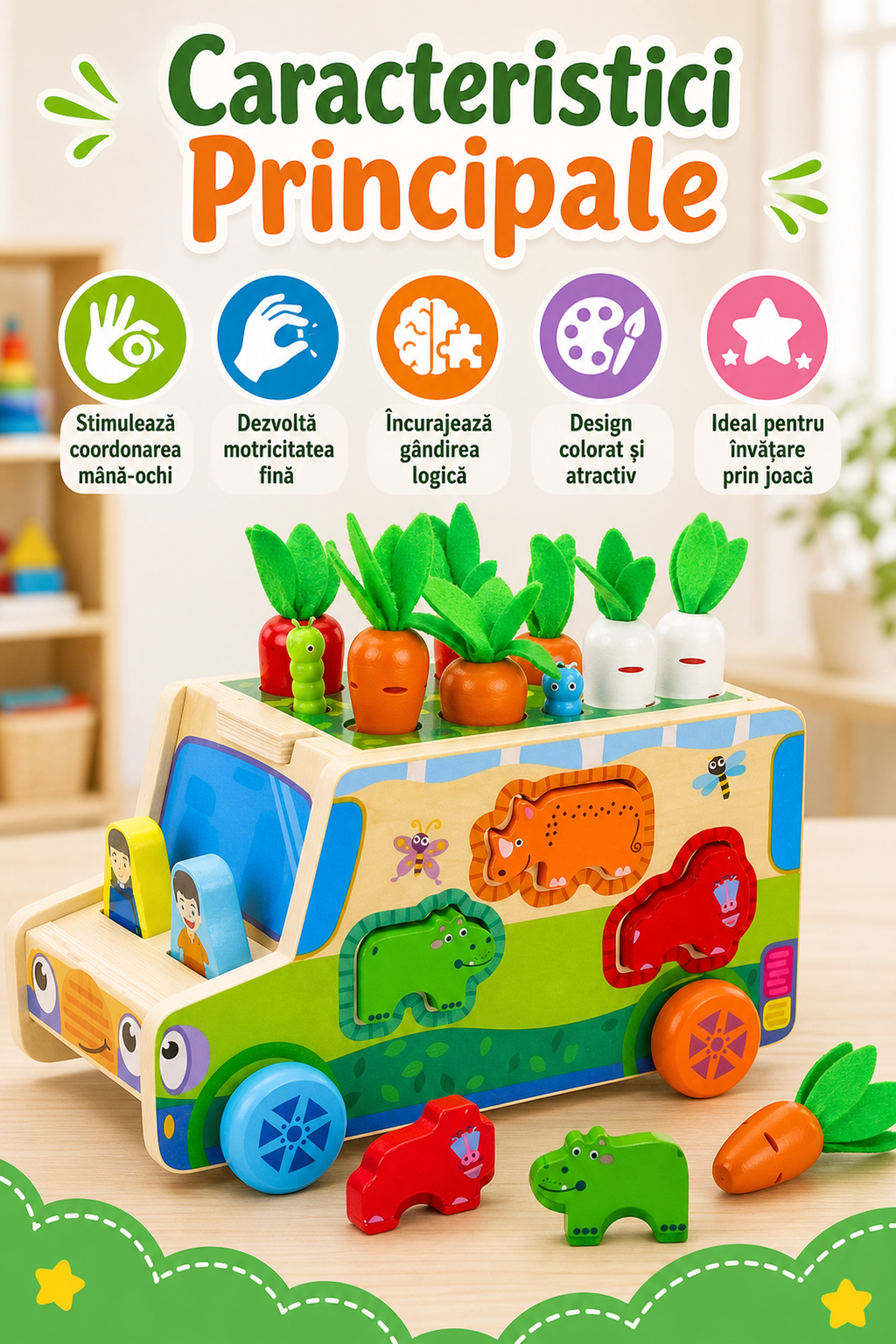 Joc Educativ Din Lemn Multicolor cu Forme — Dezvoltare Coordonare 🎨🧩