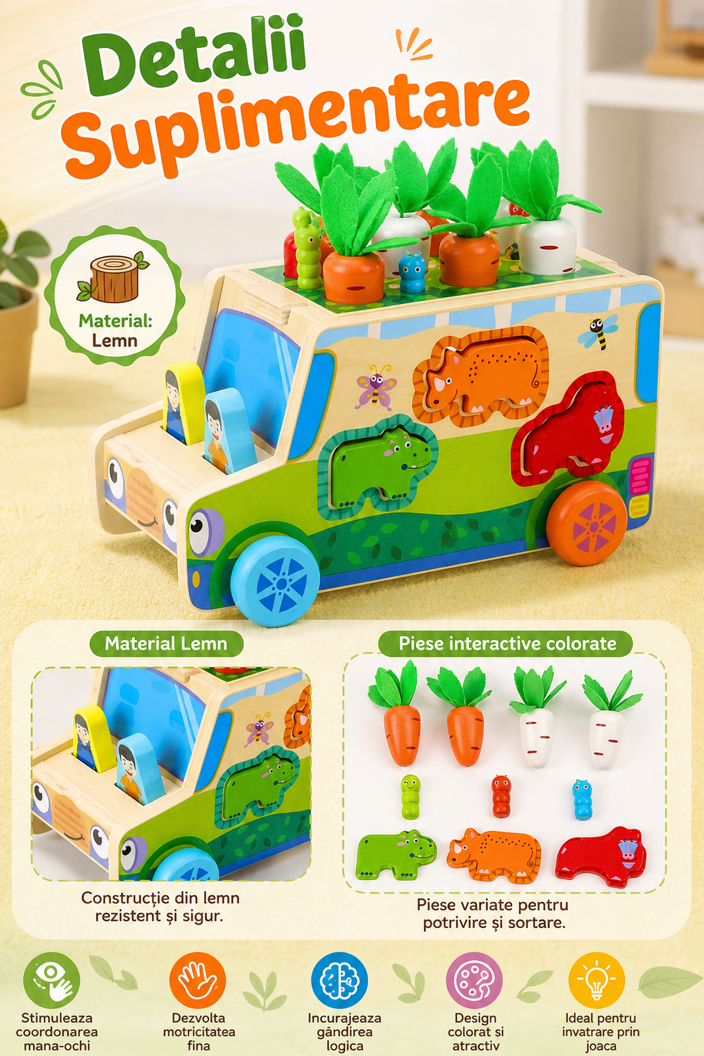 Joc Educativ Din Lemn Multicolor cu Forme — Dezvoltare Coordonare 🎨🧩