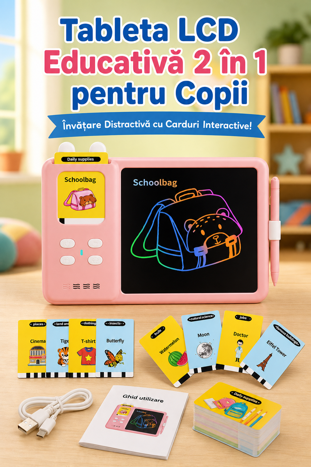 Tabletă LCD Educativă 2 în 1 pentru Copii cu Carduri Interactive — Învățare Distractivă! 📚✨ Imagine secundară a produsului