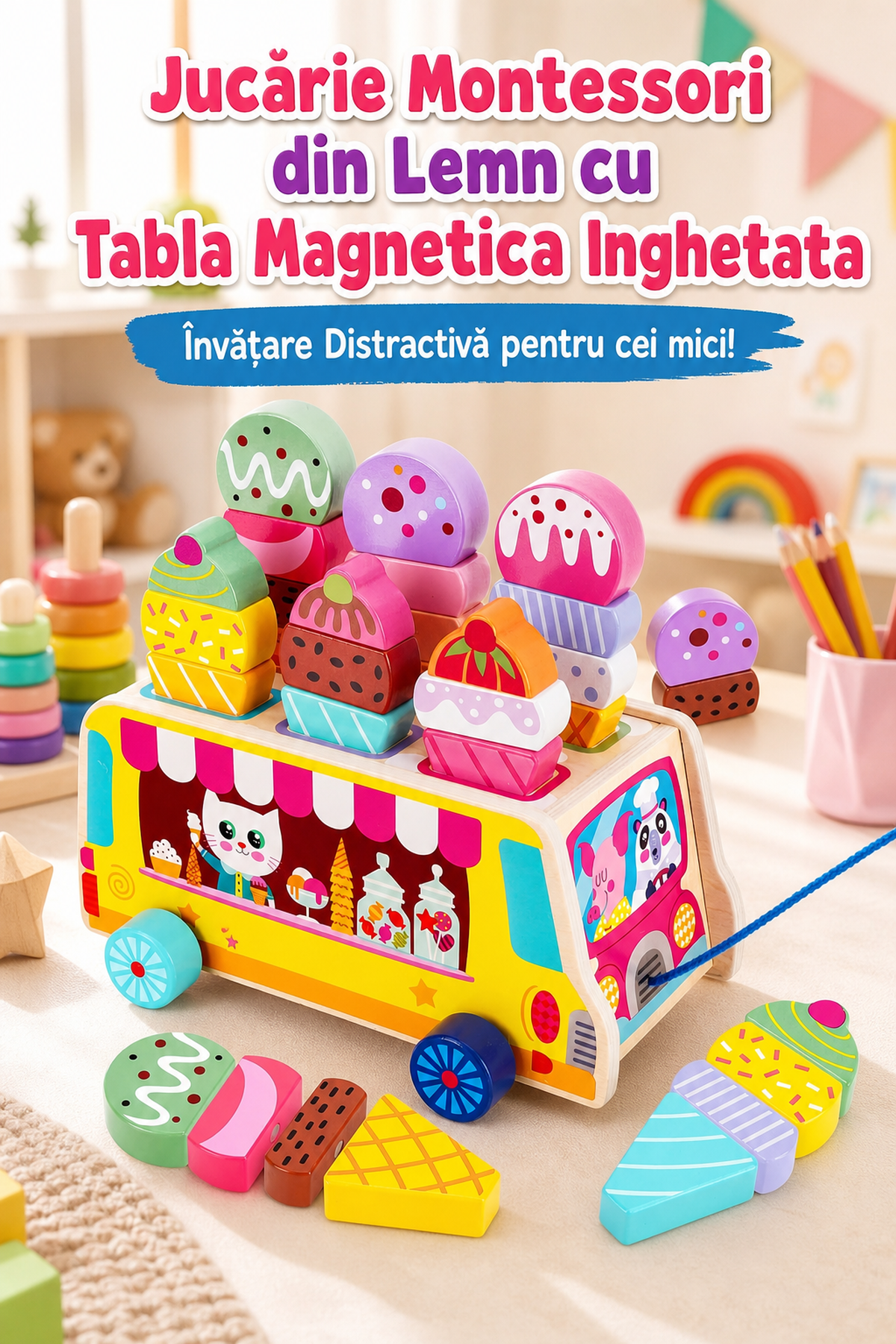 Jucărie Montessori din Lemn cu Tablă Magnetică Înghețată — Învățare Distractivă 🍦🎉 Imagine secundară a produsului