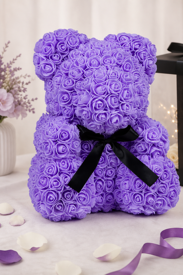 Ursuleț din Trandafiri Artificiali Mov 60 cm — Cadou Romantic Perfect 💜🌹