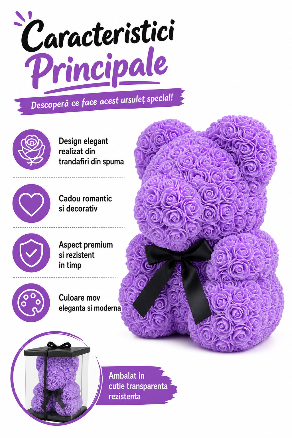 Ursuleț din Trandafiri Artificiali Mov 60 cm — Cadou Romantic Perfect 💜🌹