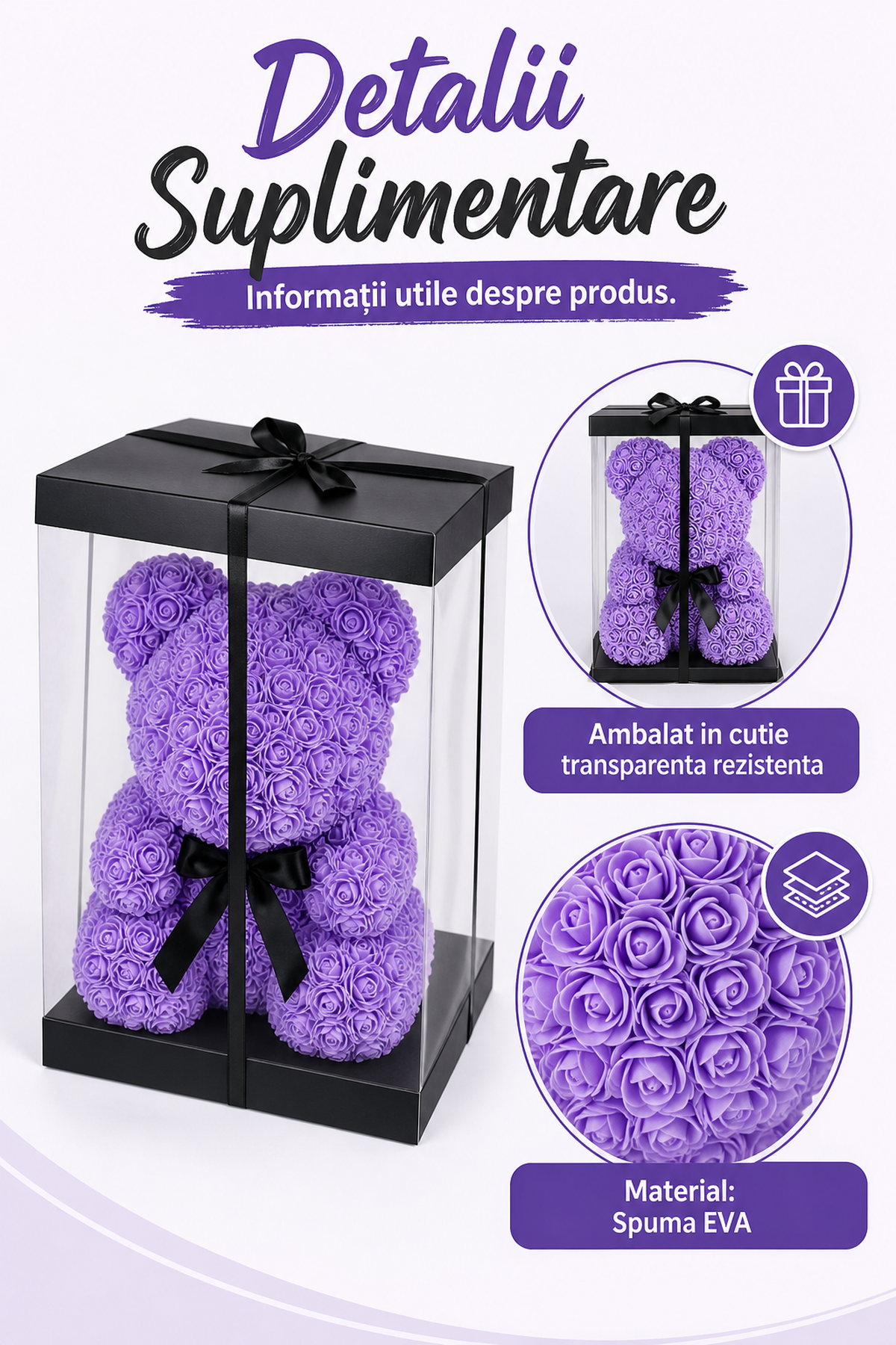 Ursuleț din Trandafiri Artificiali Mov 60 cm — Cadou Romantic Perfect 💜🌹