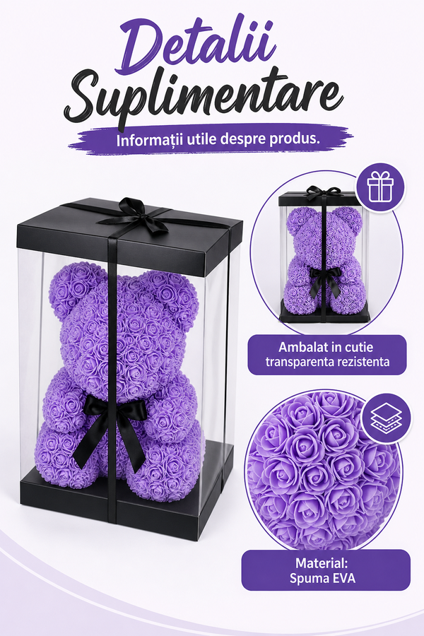 Ursuleț din Trandafiri Artificiali Mov 60 cm — Cadou Romantic Perfect 💜🌹