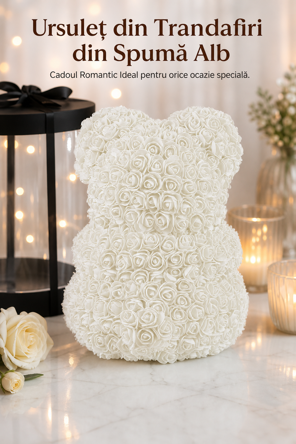 Ursuleț din Trandafiri din Săpun Alb 25 cm — Cadoul Romantic Ideal 🎁❤️