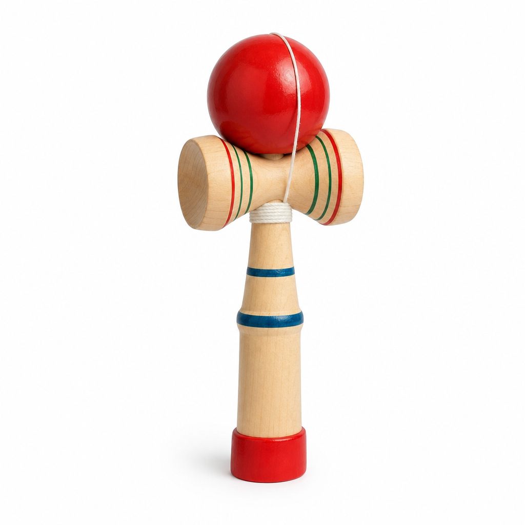Kendama din lemn cu bilă roșie — Distracție și coordonare! 🎯🪀 Imagine principală a produsului