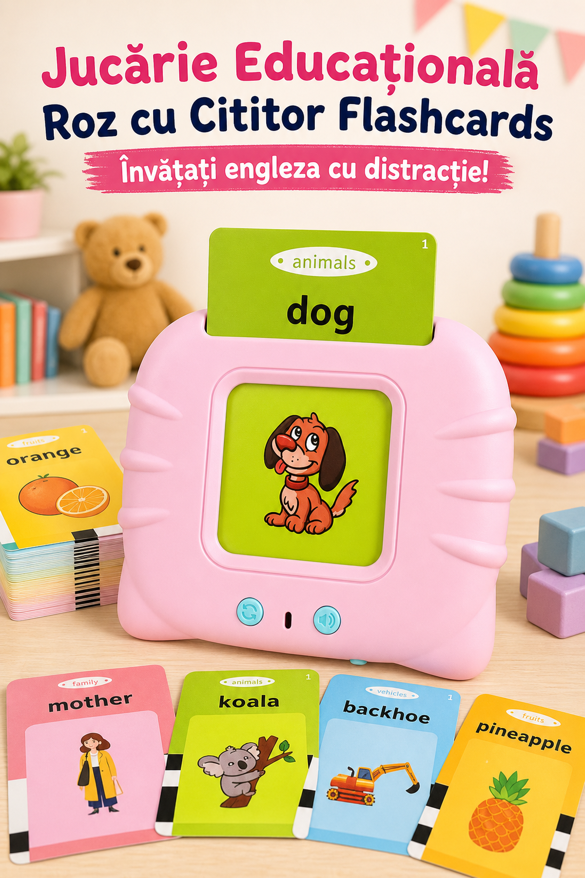 Jucărie Educațională Roz cu Cititor de Flashcard-uri — Învață Engleza prin Distracție! 📚🐾 Imagine secundară a produsului