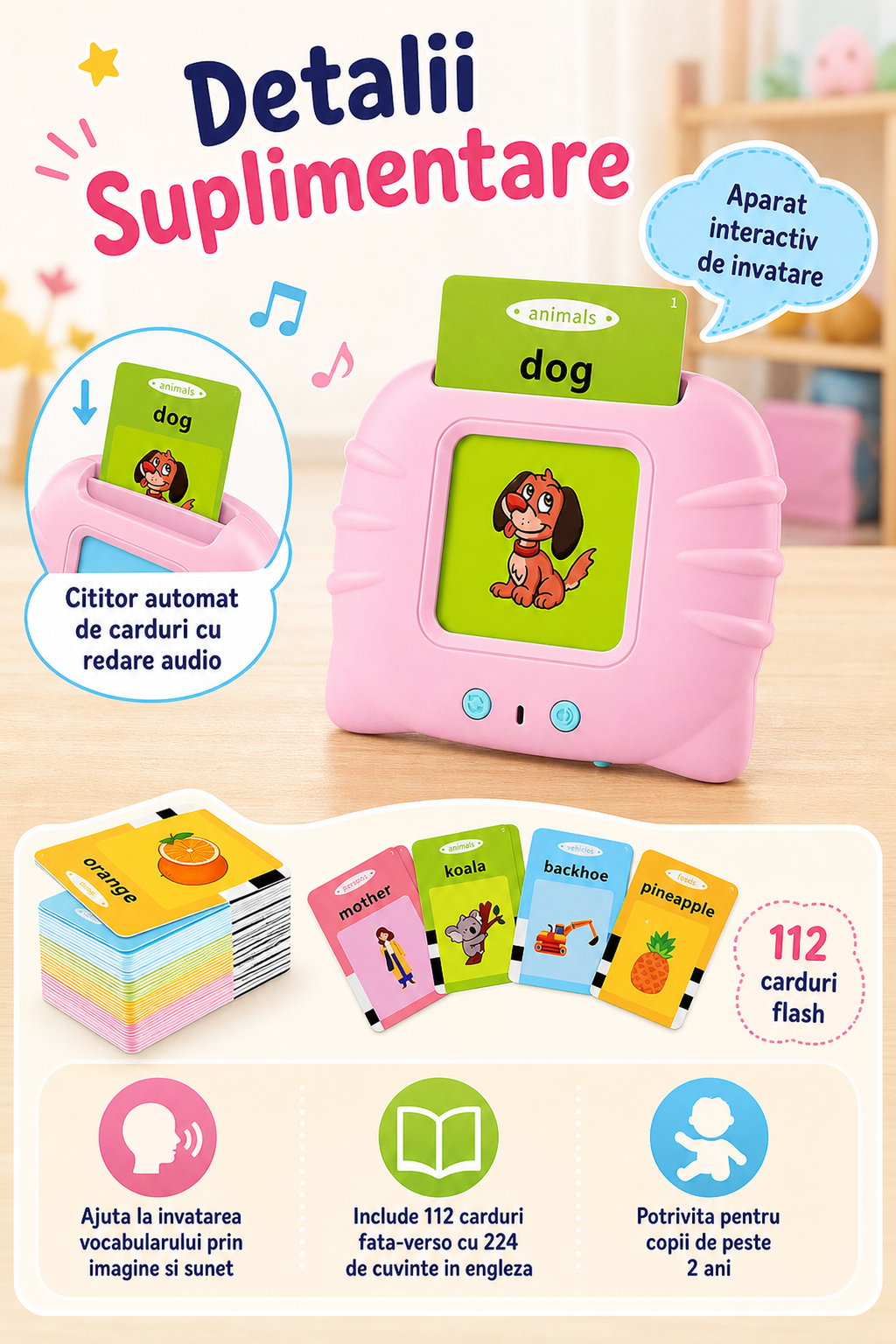 Jucărie Educațională Roz cu Cititor Flashcards — Învață Engleza cu Distracție! 📚🐾