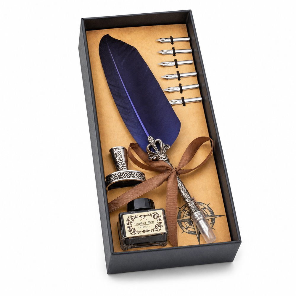 Set Stilou Vintage cu Pană Albastră — Cadou Elegant pentru Scris Caligrafic ✍️✨