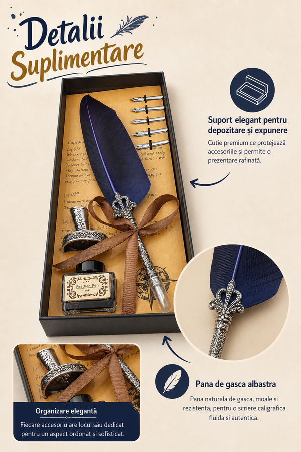 Set Stilou Vintage cu Pană Albastră — Cadou Elegant pentru Scris Caligrafic ✍️✨