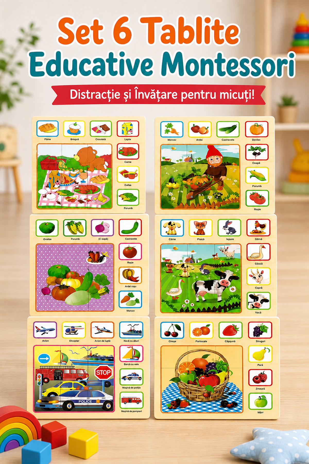 Set 6 Tablețe Educative Montessori din Lemn Colorate — Distracție și Învățare 🎉📚 Imagine secundară a produsului