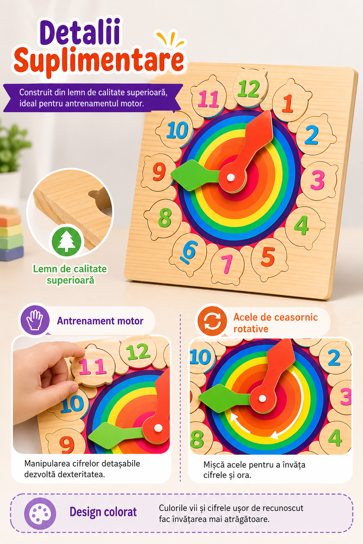 Ceas Educativ din Lemn Colorat cu Cifre Detasabile — Învățare Distractivă! ⏰🌈