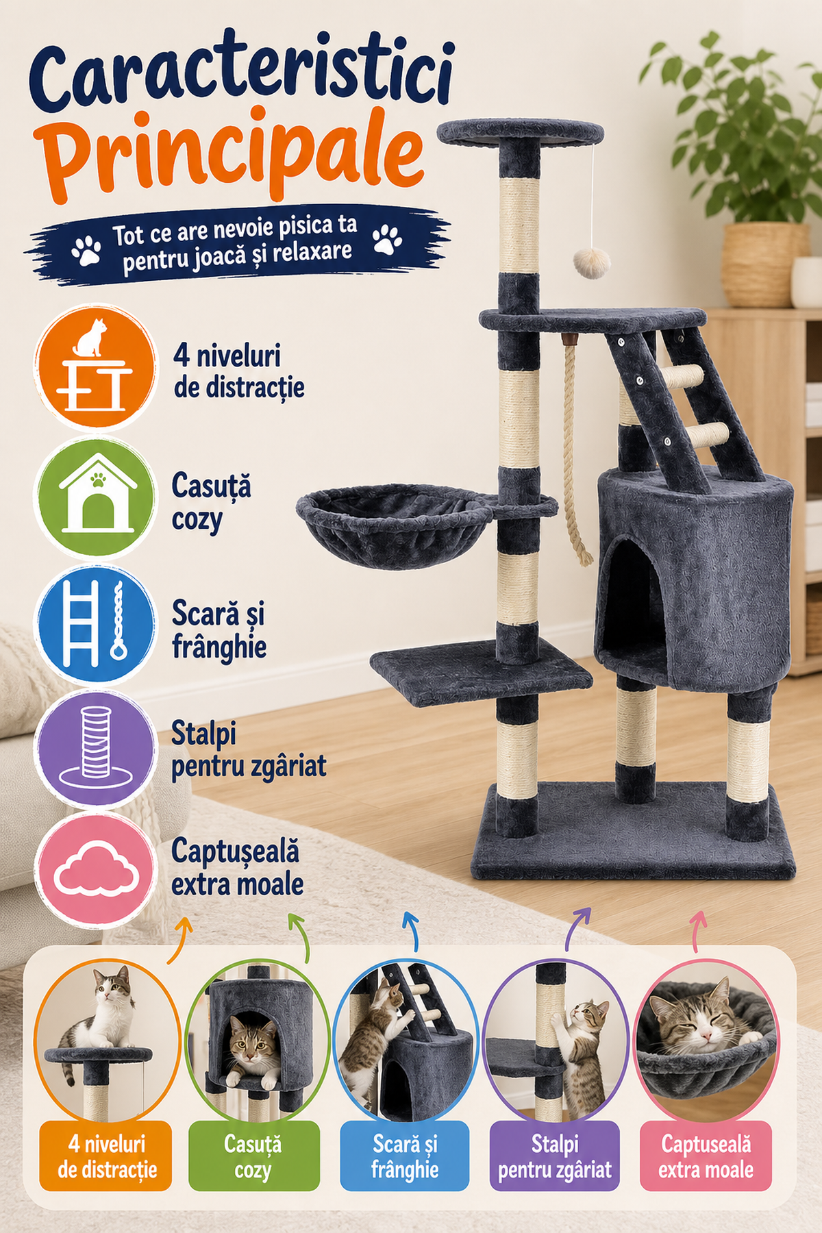 Ansamblu de Joacă pentru Pisici cu 4 Niveluri și Casuță Cozy — Distracție Maximă! 🐱🌟