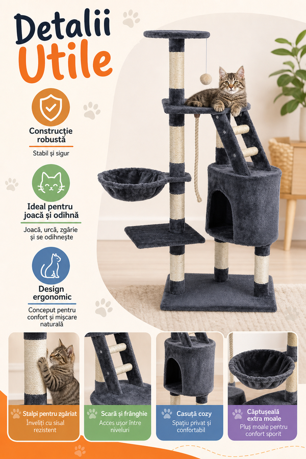 Ansamblu de Joacă pentru Pisici cu 4 Niveluri și Casuță Cozy — Distracție Maximă! 🐱🌟