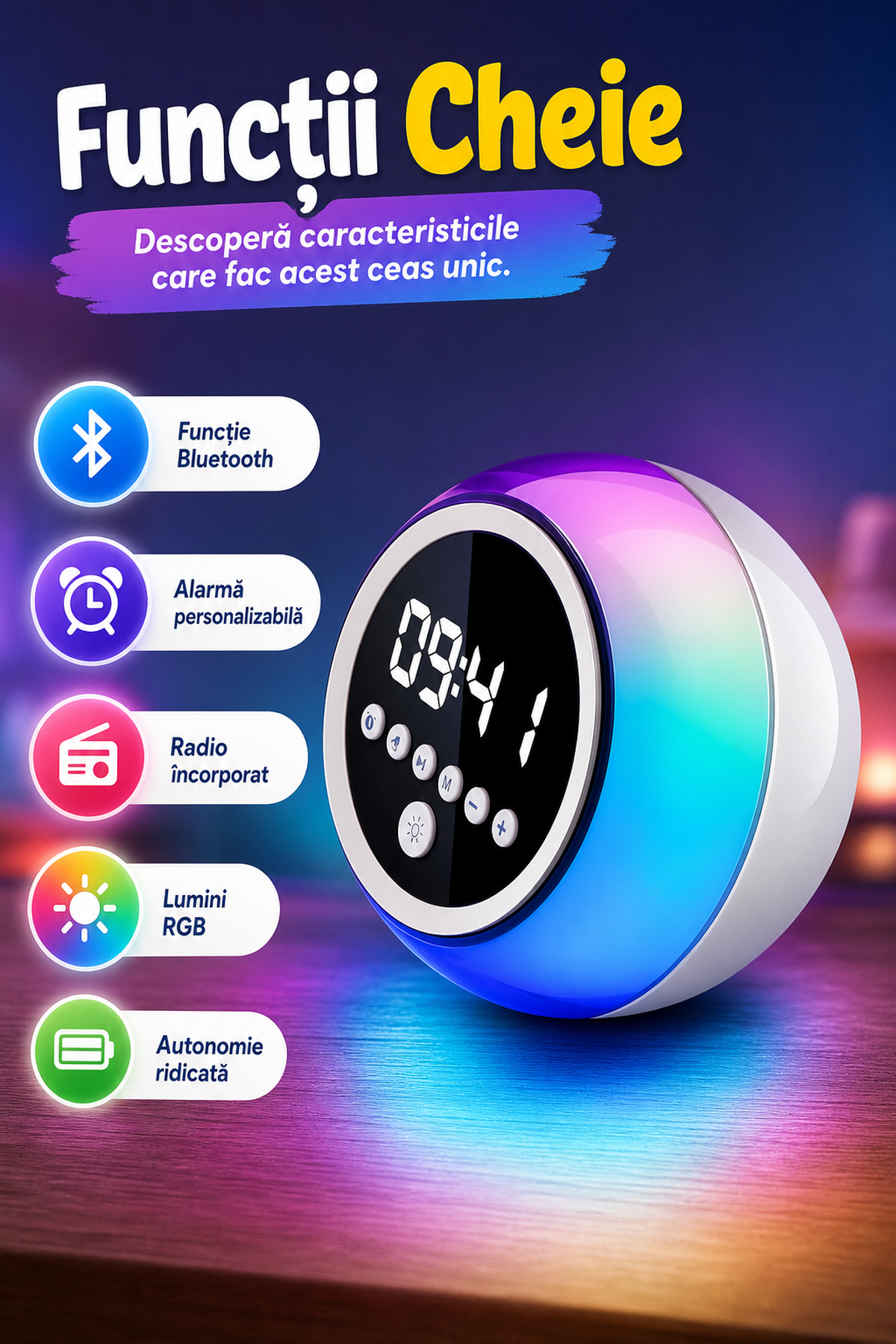 Ceas Alarmă Multifuncțional cu Bluetooth și Lumini RGB 🌈⏰