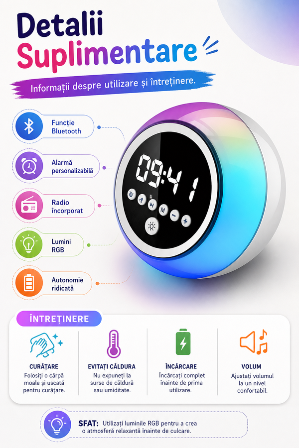 Ceas Alarmă Multifuncțional cu Bluetooth și Lumini RGB 🌈⏰